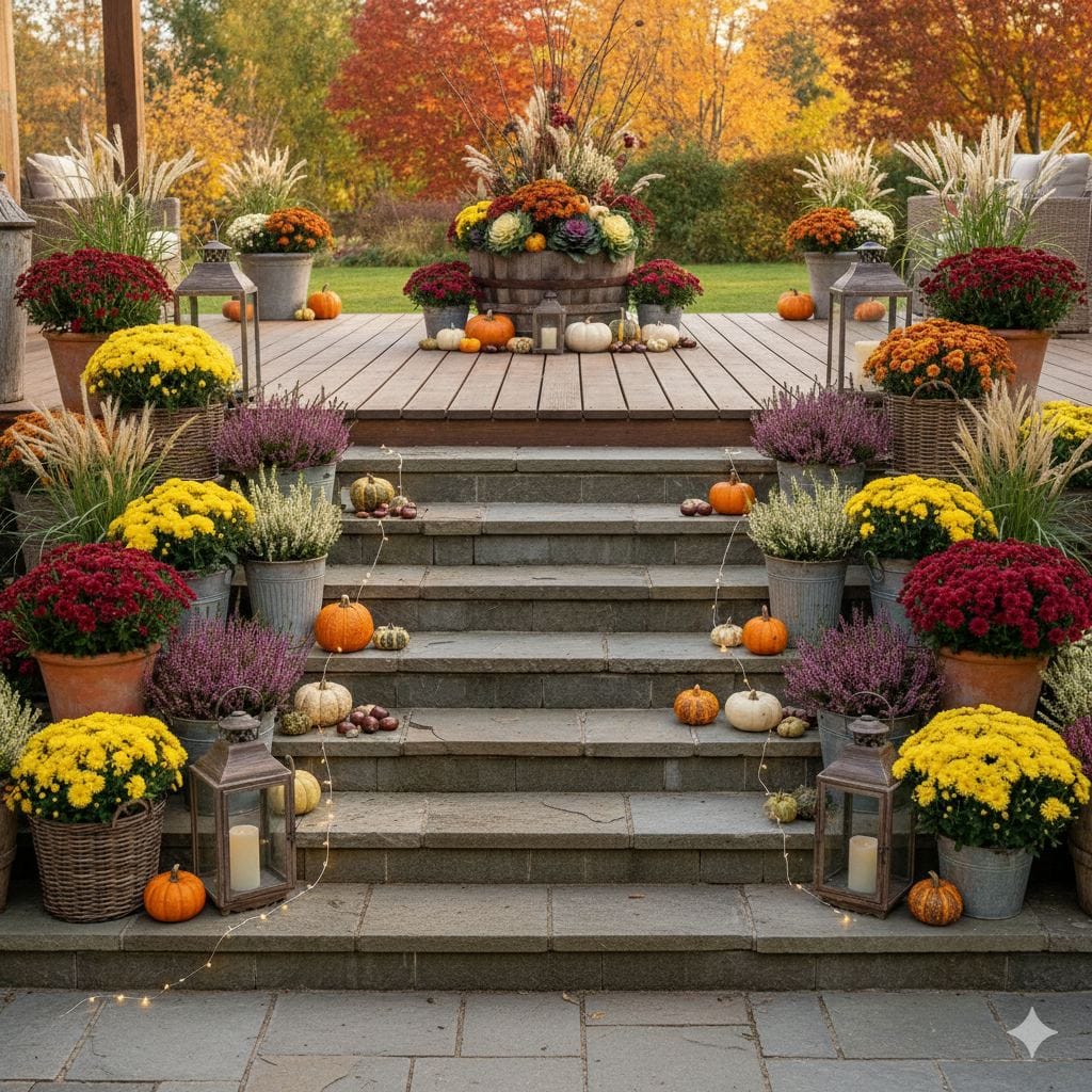 Jesienne dekoracje z kwiatami i dyniami.