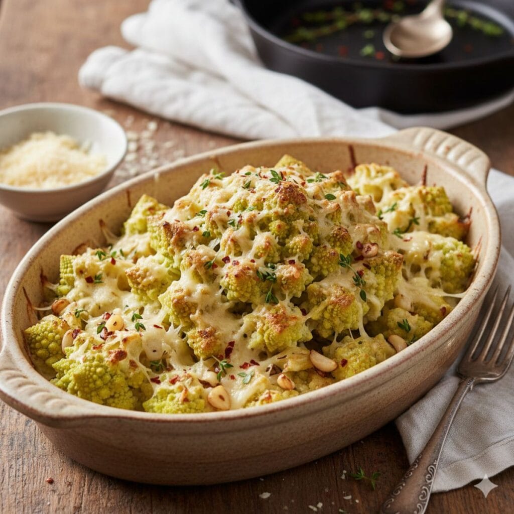 Pieczony kalafior romanesco z czosnkiem i parmezanem